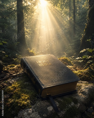 Holy Bible resting on a mossy rock in a forest with sunlight streaming through trees