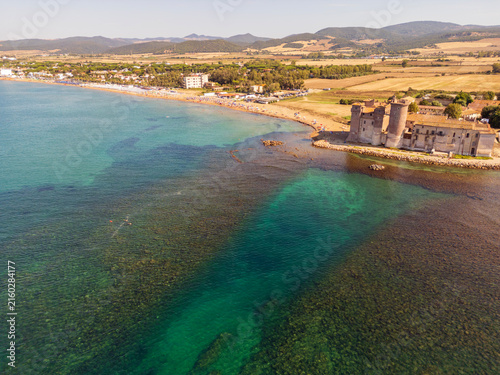 Photography Aerial view of Santa Severa Castle near Civitavecchia Rome, situated by the sea with clear water in Ladispoli