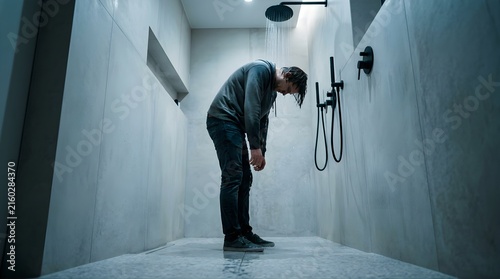 Depressed man standing fully clothed under a shower in a modern bathroom