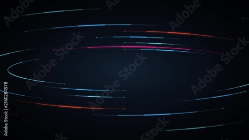 Abstract digital orbit background, with glowing neon, light streaks and, particle motion