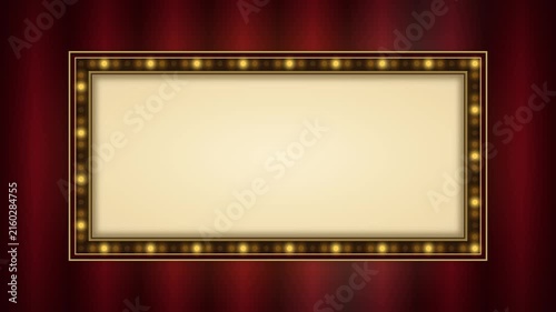 Vintage theater marquee sign with glowing lights on red velvet curtain background