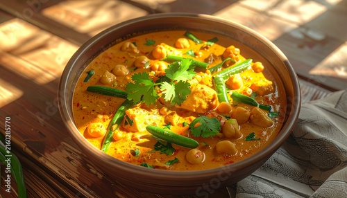 Steaming Indian Curry Bowl with Fresh Herbs on Wooden Table.
