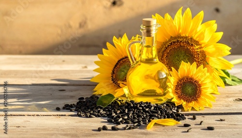 Sunflower oil bottle with fresh sunflowers and seeds on wood.
