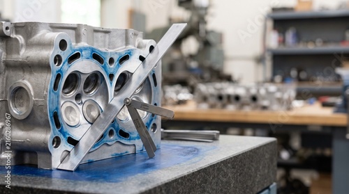 Measuring engine cylinder head flatness with a straight edge and feeler gauge in a machine shop. Precision automotive engineering inspection process for motor rebuild services.