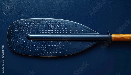 Weathered wooden kayak paddle on dark surface.