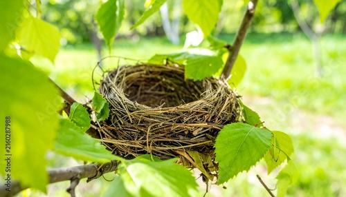 Small bird nest in green leafy tree branches.