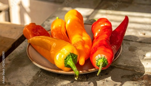 Colorful fresh peppers arranged on a metal plate.