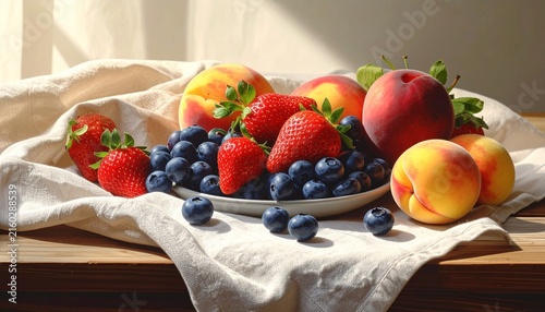 Fresh Summer Fruits on White Cloth with Soft Lighting.