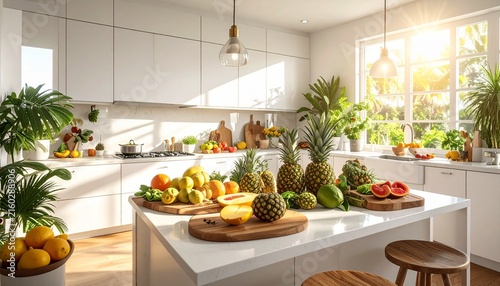 Bright Modern Kitchen Filled with Fresh Tropical Fruits.