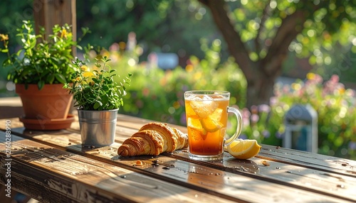 Fresh croissant and orange juice on wooden table outdoors.
