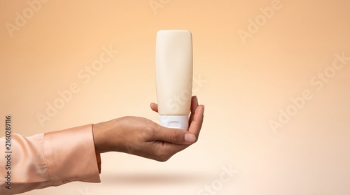 Woman holding blank beige cosmetic tube container against soft warm background for skin care branding with hand holding plain