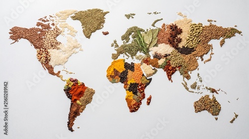 World Map Crafted from Diverse Spices and Grains Representing Global Culinary Diversity and Trade