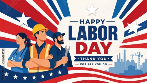 Happy labor day illustration with workers standing against american flag background