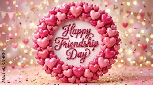 Happy friendship day round frame made of pink and red hearts with friendship