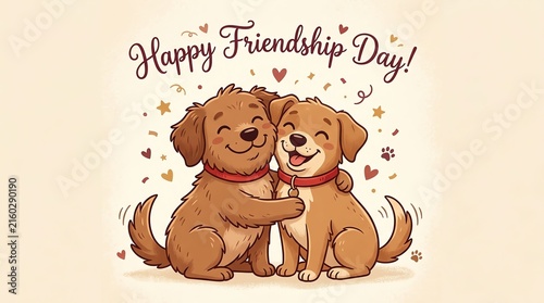 Cute cartoon dogs hugging each other to celebrate friendship day with friendship