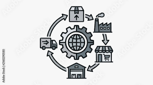 Sleek Monochrome of Global Supply Chain and Logistics Process with Gear Truck Factory Warehouse and Shop Icons