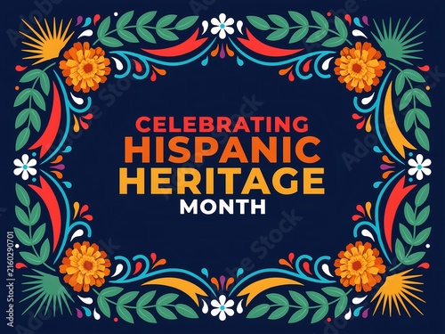 Celebrating hispanic heritage month, vector folk art illustration with flowers, leaves and traditional mexican otomi ornaments on dark background