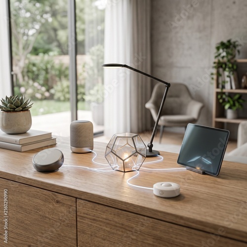 Smart home devices connected on a wooden table in a modern living room interior.