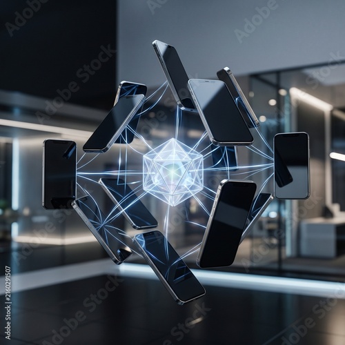 Smartphones connected in a digital network sphere with glowing data hub technology