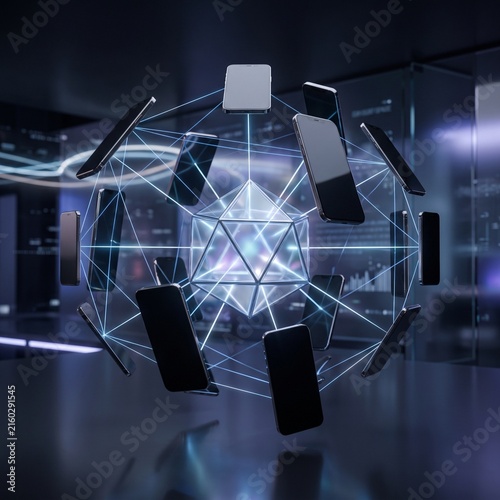 Smartphones connected in a geometric digital network sphere for global communication.