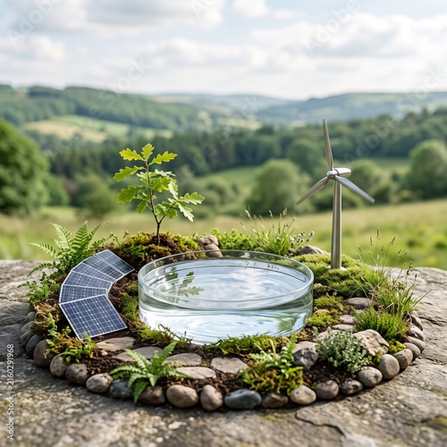 Miniature renewable energy ecosystem with solar panel, wind turbine, and water reservoir