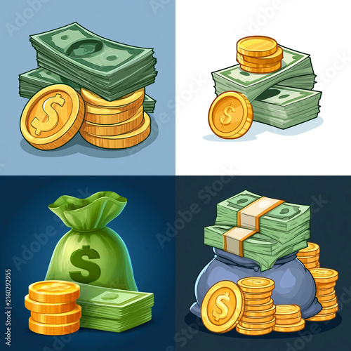 Golden dollar coins and paper currency banknotes set
