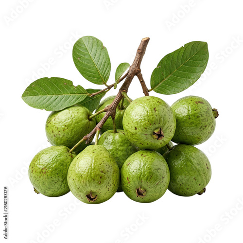 Fresh green fruit with leaves on black background