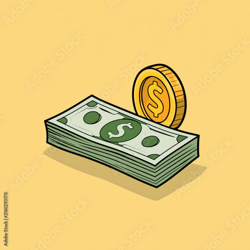 Green cash money stack and golden dollar coins icon