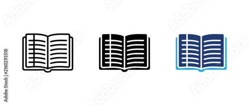 Open book education icon set, reading notebook library linear solid and colored vector illustration