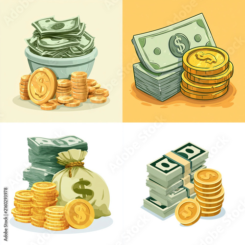  Golden dollar coins and paper currency banknotes set