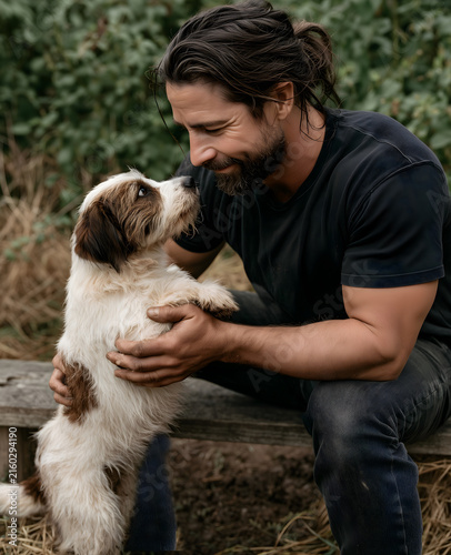 A dog and a man are gazing intently into each other's eyes. The scene takes place in a park.