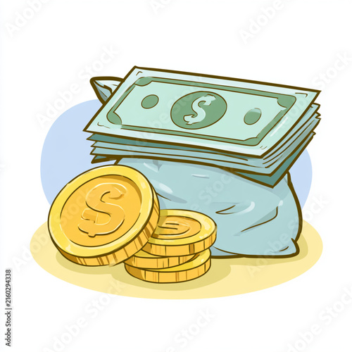 Green cash money stack and golden dollar coins icon