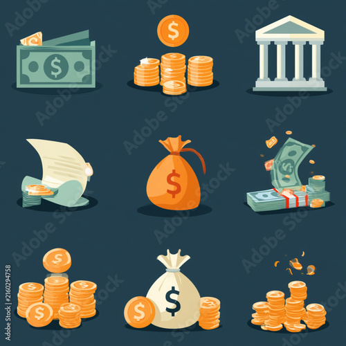  Golden dollar coins and paper currency banknotes set