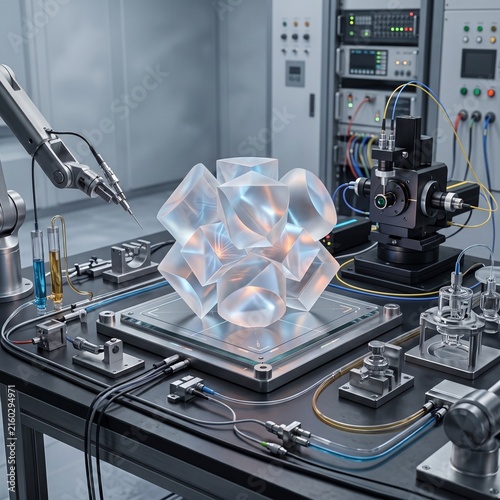 Translucent geometric crystal structure in a high-tech laboratory research environment
