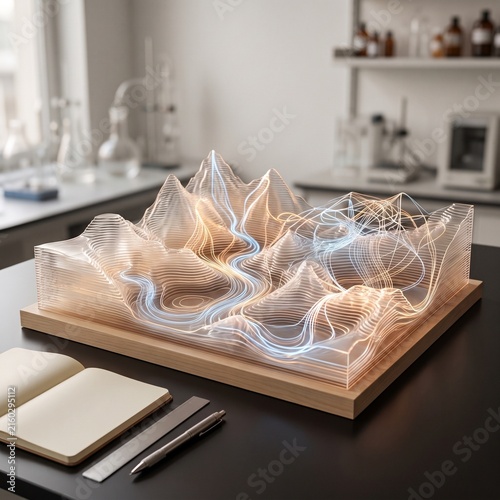 3D topographic landscape model showing data visualization on a laboratory desk