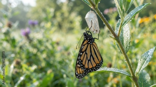 Butterfly drying wings on chrysalis