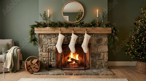 Cozy christmas fireplace scene with three white stockings hanging above a warm glowing fire and festive decorations