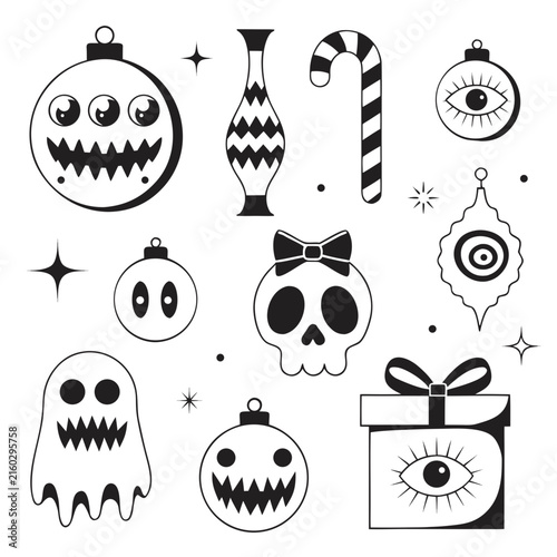 coloring page line art christmas icon set ornament horror black vector