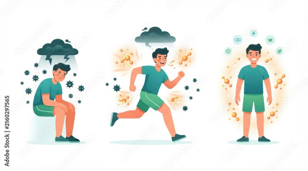 Fototapeta premium A person transitions from feeling low and stressed to being active and energized through exercise.
