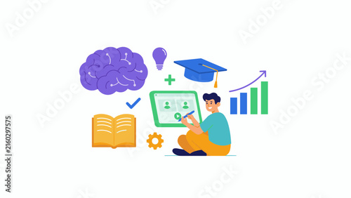 Photography Online education concept vector, student learning on tablet with brain and gradu
