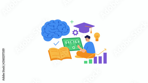 Canvastavla Online education vector illustration, student learning with digital tablet, e-le