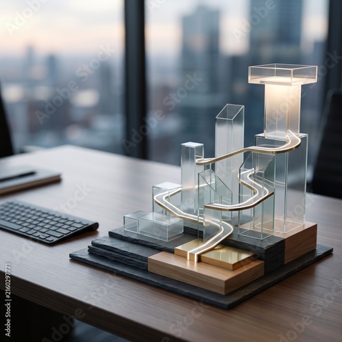 Modern glass architectural model on office desk representing urban development and growth