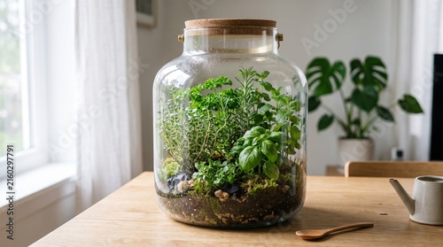 Glass terrarium with fresh herbs on a wooden table for indoor gardening and home decor