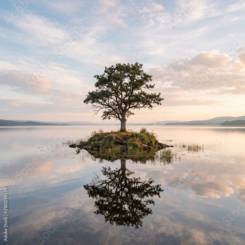 Single tree on a small island in a calm lake with reflection at sunset