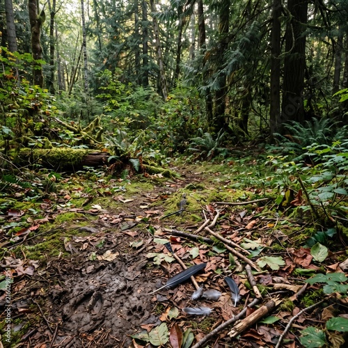 Untouched forest clearing with mossy ground and fallen leaves in a dense woodland landscape.