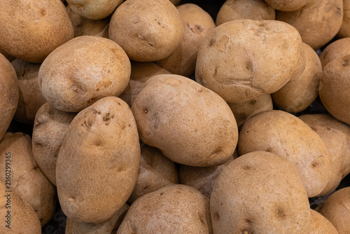 Freshly harvested organic potatoes piled in a rustic wooden crate bathed in warm natural light with earthy tones