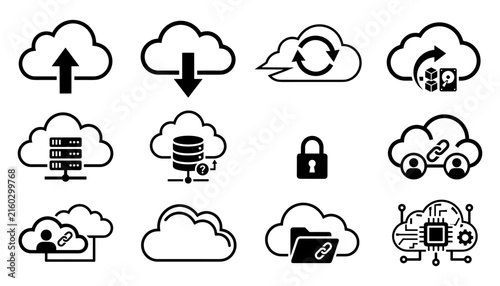 Cloud Icons Set with Upload, Download, Sync, Security, and Network Symbols