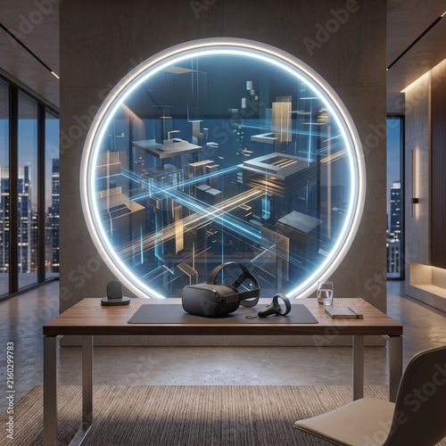 VR headset on a minimalist desk with a futuristic glowing circular digital window view.