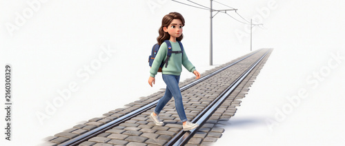 Young girl walking on railway tracks with a backpack in a minimalist setting  