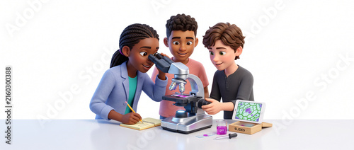 Three children examining a sample with a microscope in a classroom  